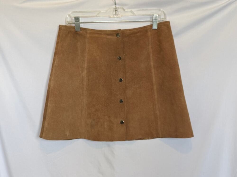 Topshop Real Leather Tan Suede Snap Front A Line Mini Skirt, 8 Festival Western